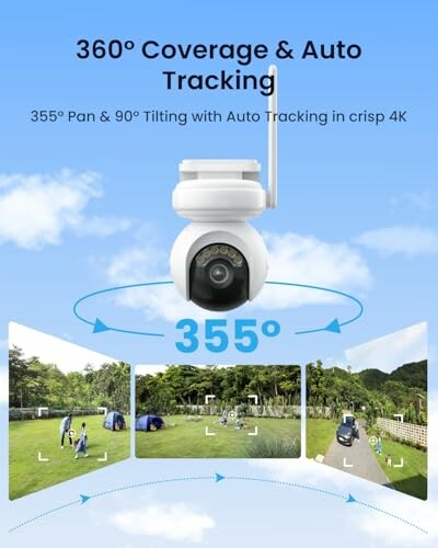 Security camera with 360-degree coverage and auto tracking.