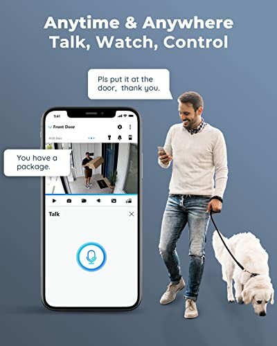 Man with phone and dog, using a video doorbell app.