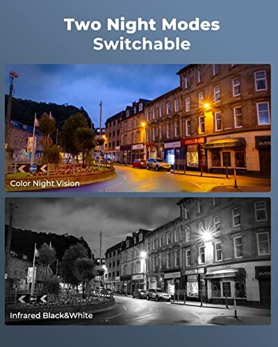 Comparison of color night vision and infrared black and white mode in a street scene.