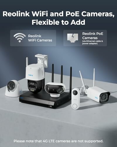 Reolink WiFi and PoE cameras, flexible to add, displayed on a table.