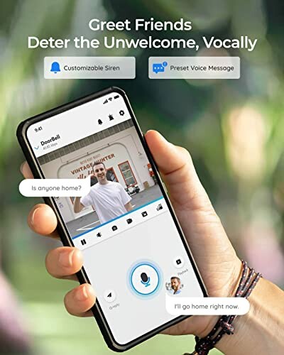 Person holding phone displaying smart doorbell app with customizable siren and voice message options.