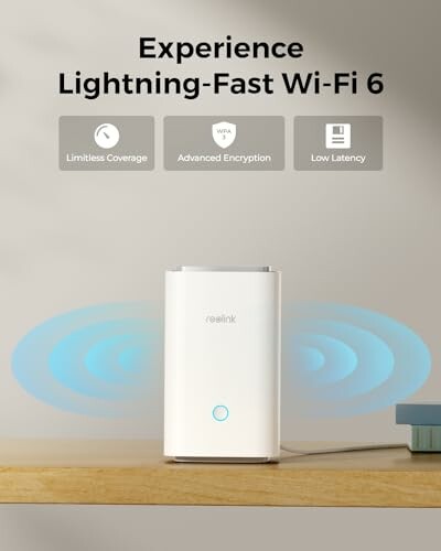 Wi-Fi 6 router with features: limitless coverage, advanced encryption, low latency.