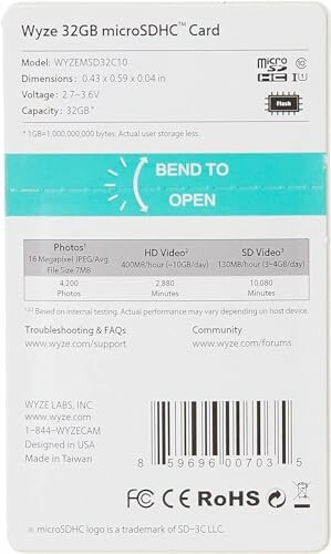 Wyze 32GB microSDHC card packaging with specifications and features.